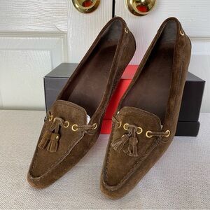 Prada’s Original Car Shoe Brown Suede Heeled Loafers with Tassels